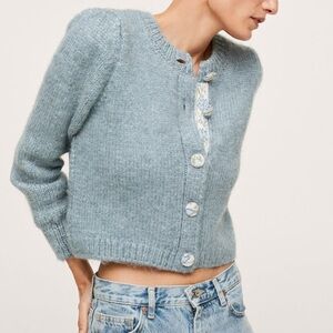 Mango MNG Light Blue Chunky Knit Button-Up Cardigan Size Small
